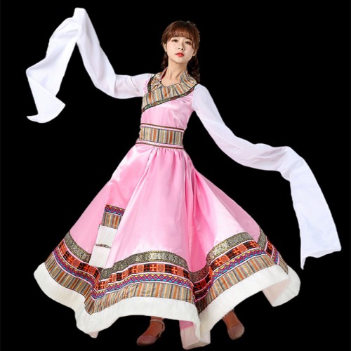 Chinese folk dance dress pink mogolian Tibetan waterfall sleeves dance costume performance clothing female  ethnic style Tibetan large swing skirt
